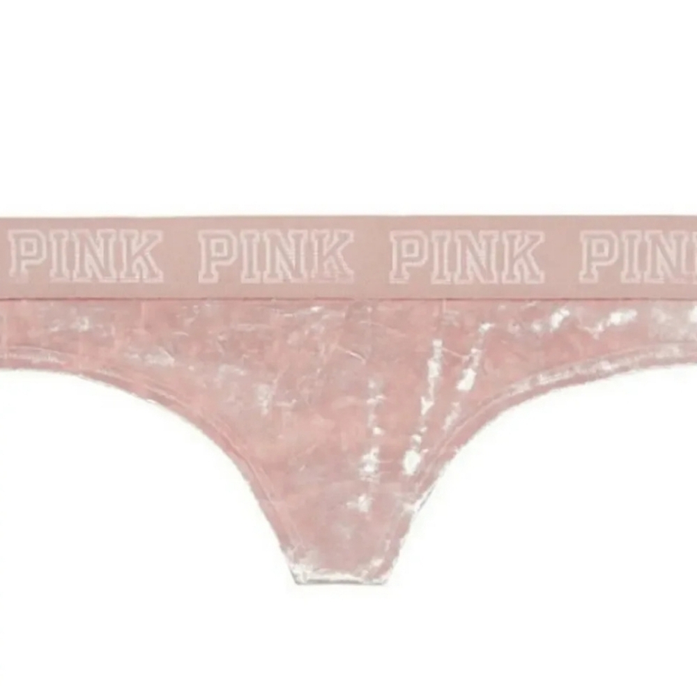 PINK Victoria's Secret Light Pink Logo Velour Velvet Mesh Back Thong Small NWT